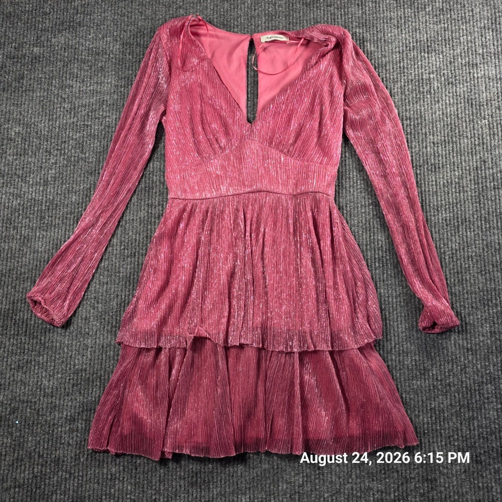 Francesca's Metallic Pink Pleated Tiered Mini Dress Long Sleeve XS 25EN560Z80